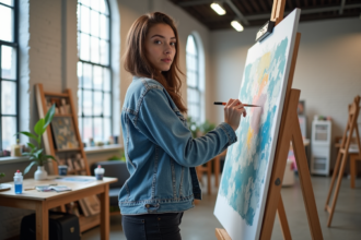 Jeune femme en studio d'art en train de dessiner