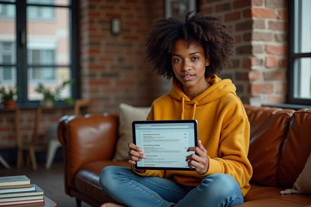 Jeune femme sur un canapé consultant des informations sur les extensions de domaine .io via une tablette