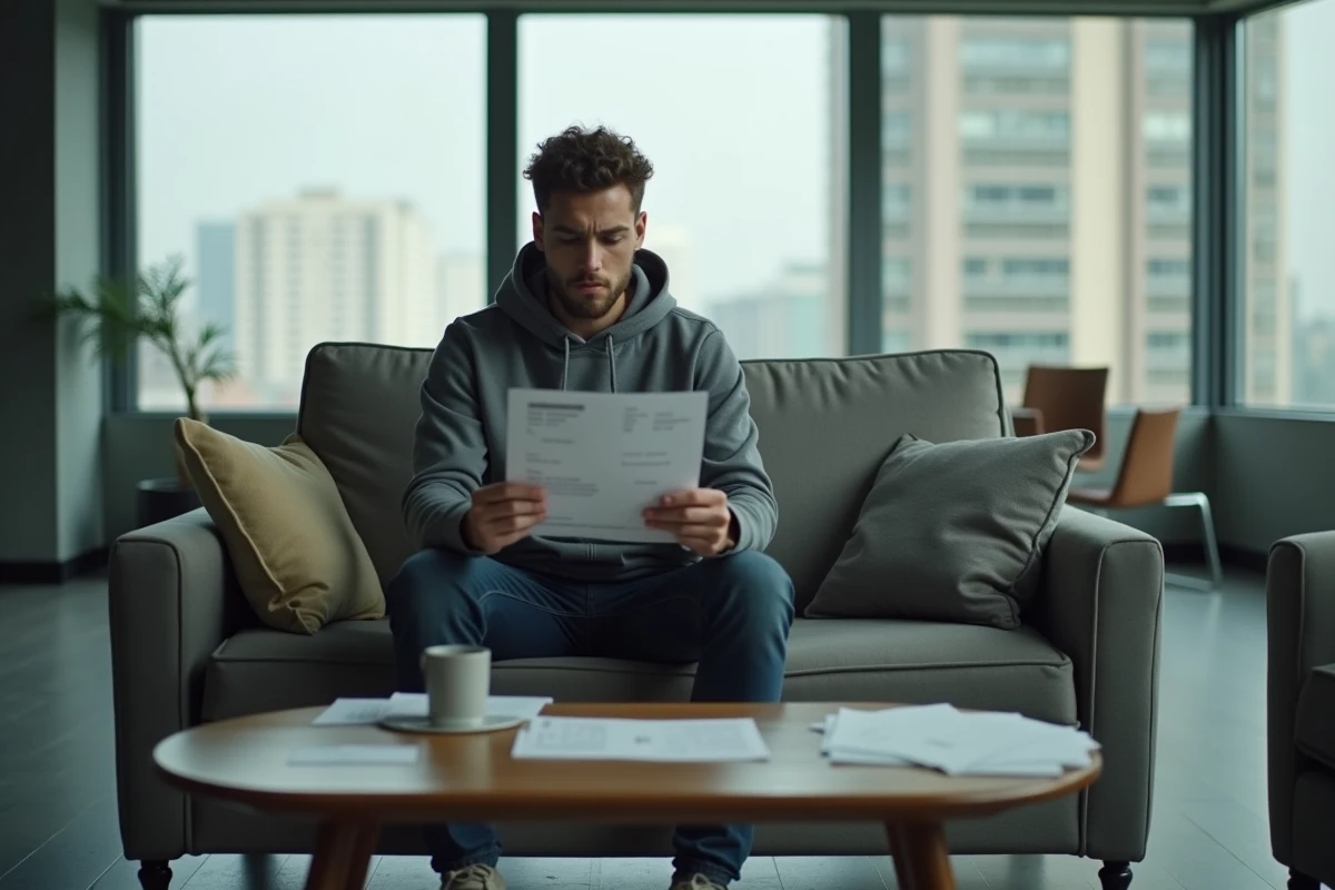 Jeune homme regardant un certificat dans un bureau moderne