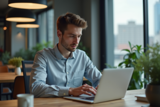 Jeune homme concentré travaillant sur un ordinateur dans un bureau moderne