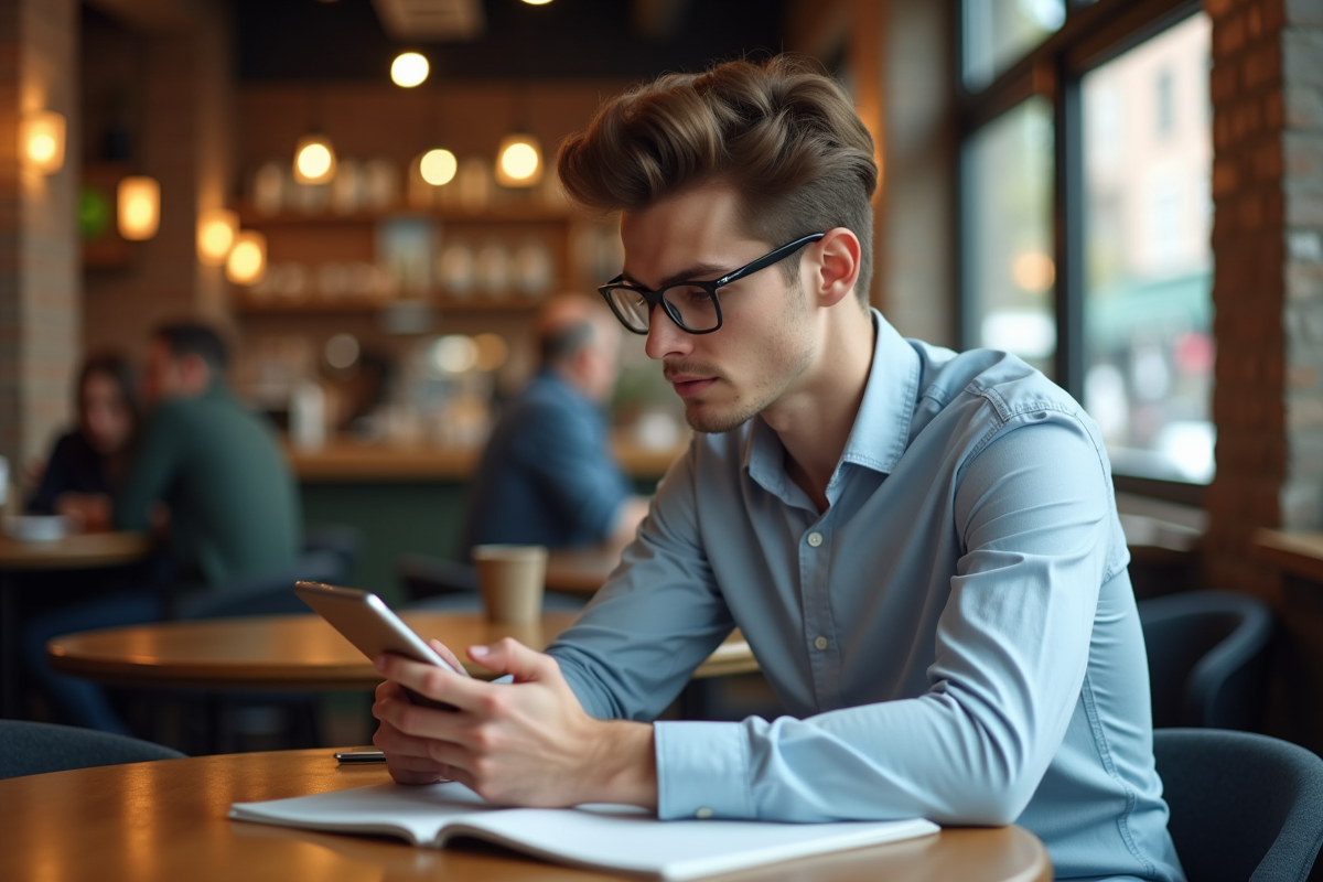 Jeune homme travaillant dans un café avec tablette