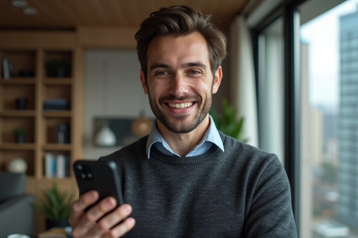 Jeune homme parlant au smartphone dans son salon