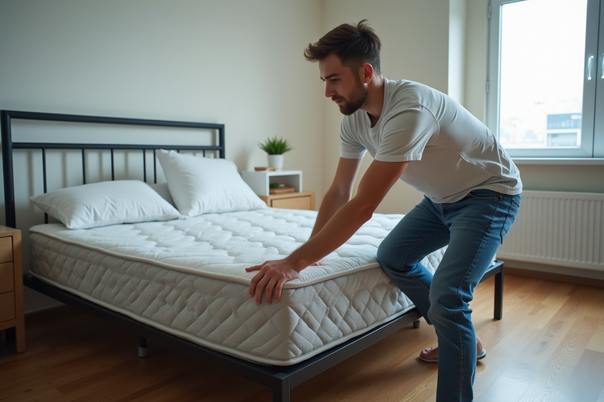 Jeune homme regardant le bord d’un matelas dans une chambre urbaine