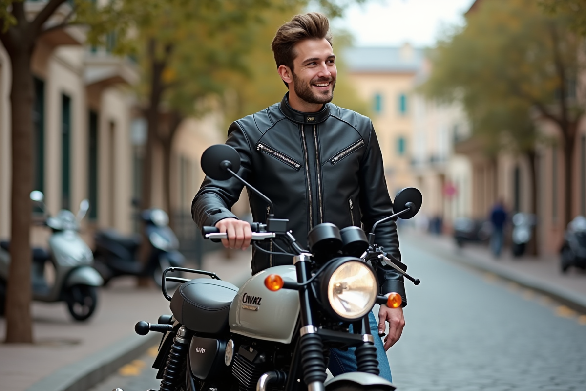 Jeune homme souriant à côté d'une moto Dax 125 en extérieur