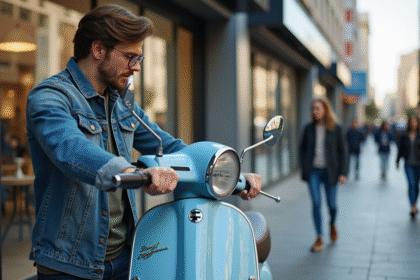 Jeune homme inspectant un scooter 50cc devant un concessionnaire