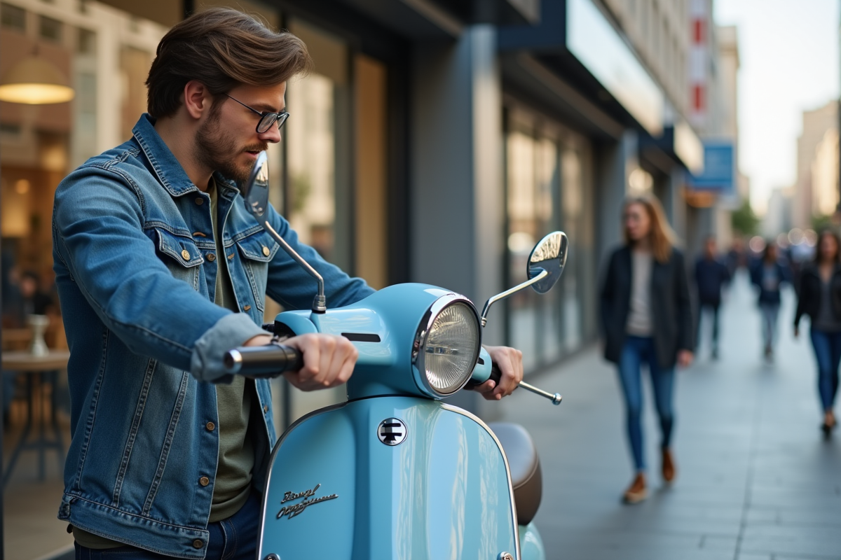 Jeune homme inspectant un scooter 50cc devant un concessionnaire