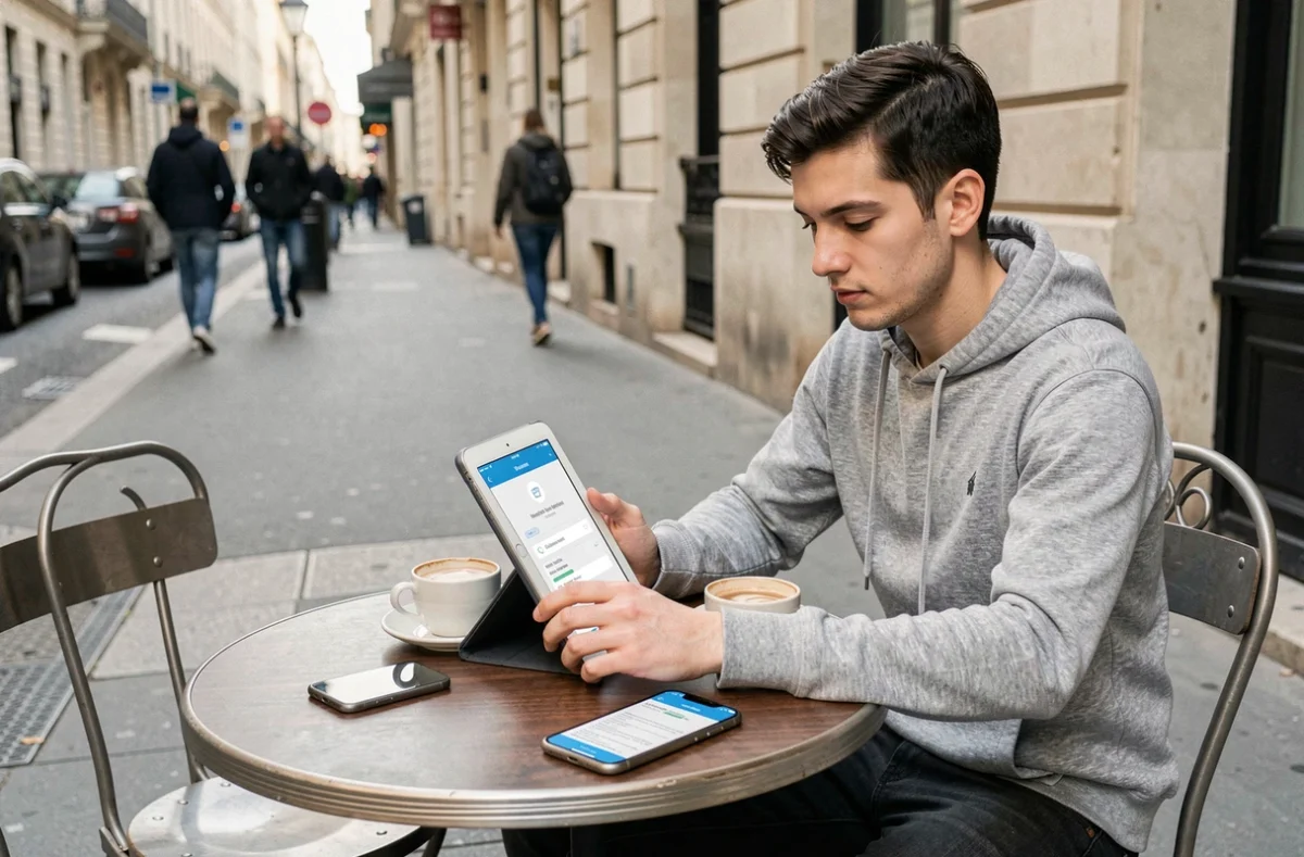 Jeune homme gérant sa demande au service client Sosh sur tablette dans un café en extérieur