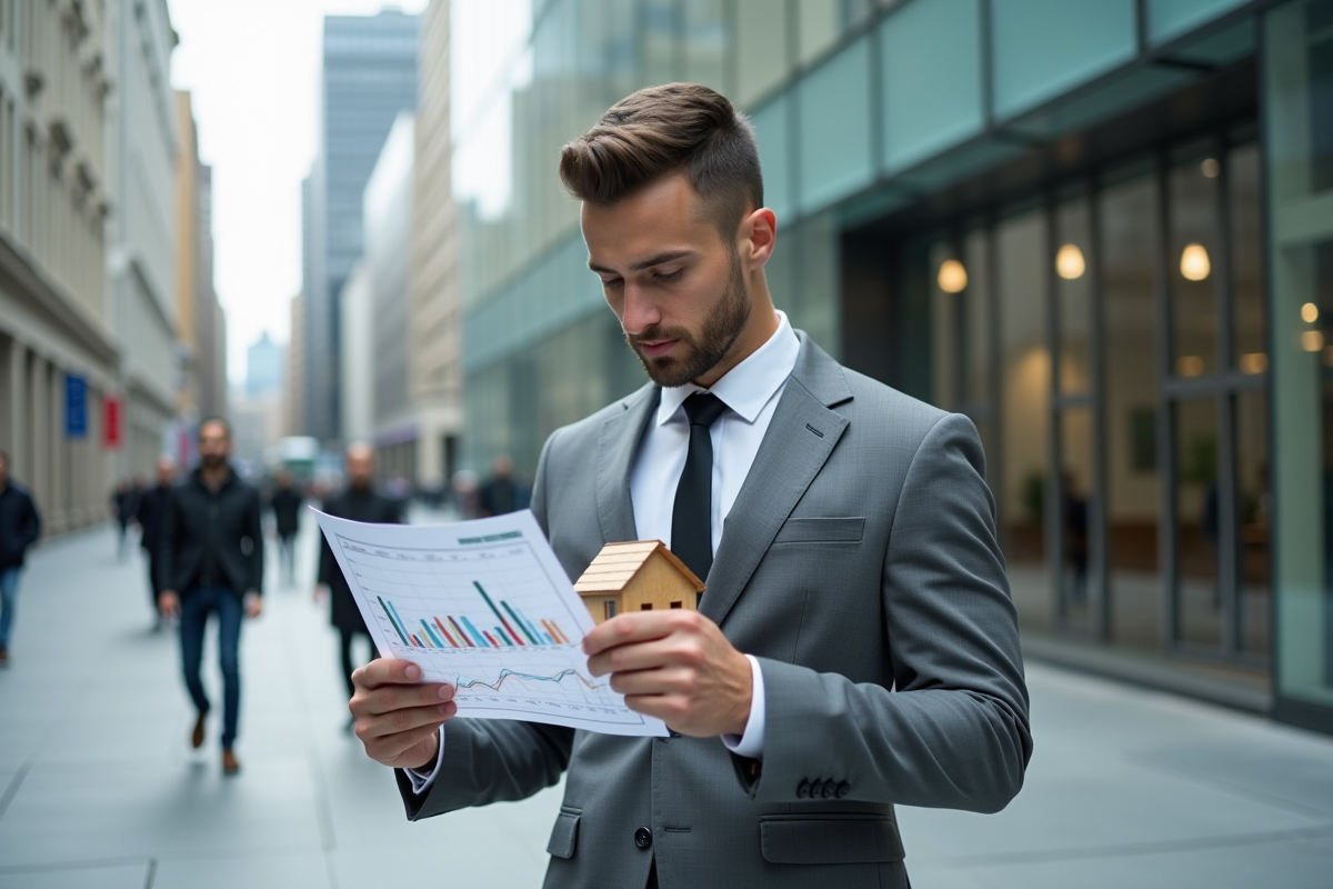 Jeune professionnel en costume tenant une maquette de maison en ville