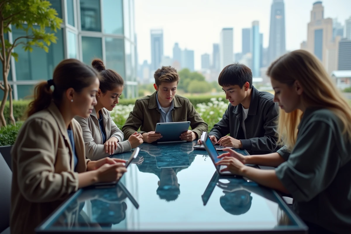 Etudiants universitaires programmant sur table digitale en extérieur