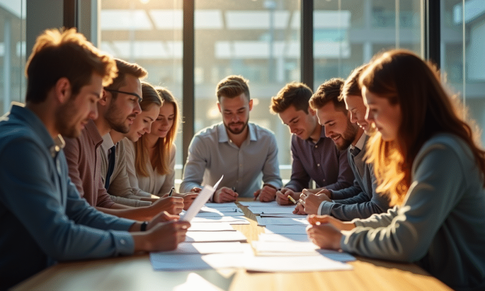 Groupe de jeunes stagiaires dans un bureau lumineux