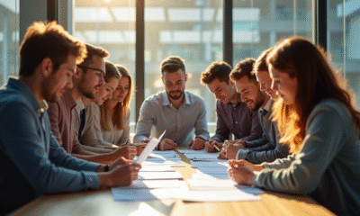 Groupe de jeunes stagiaires dans un bureau lumineux
