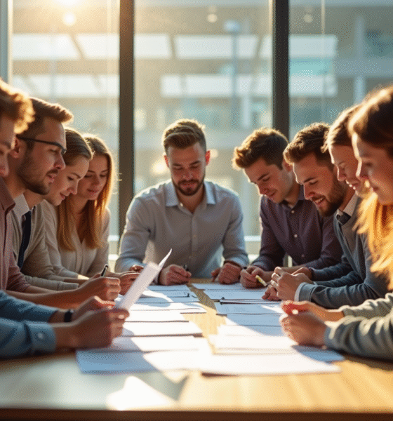 Groupe de jeunes stagiaires dans un bureau lumineux