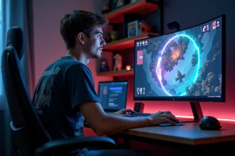Joueur adulte concentré devant un écran affichant l'interface de Dofus avec des indicateurs de portails de dimensions divines
