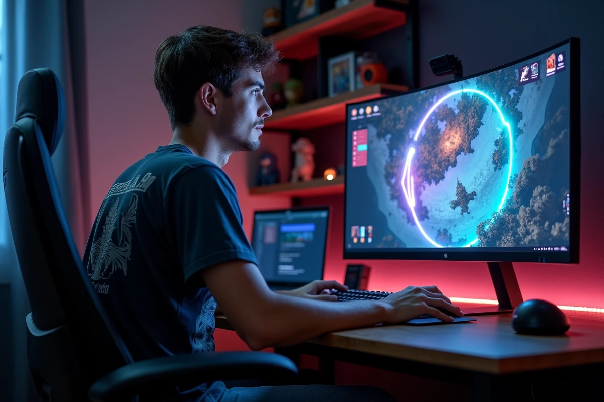 Joueur adulte concentré devant un écran affichant l'interface de Dofus avec des indicateurs de portails de dimensions divines