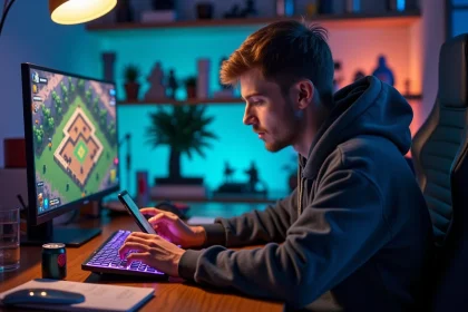 Joueur mobile concentré sur une composition HDV 12 dans Clash of Clans, assis à un bureau gaming