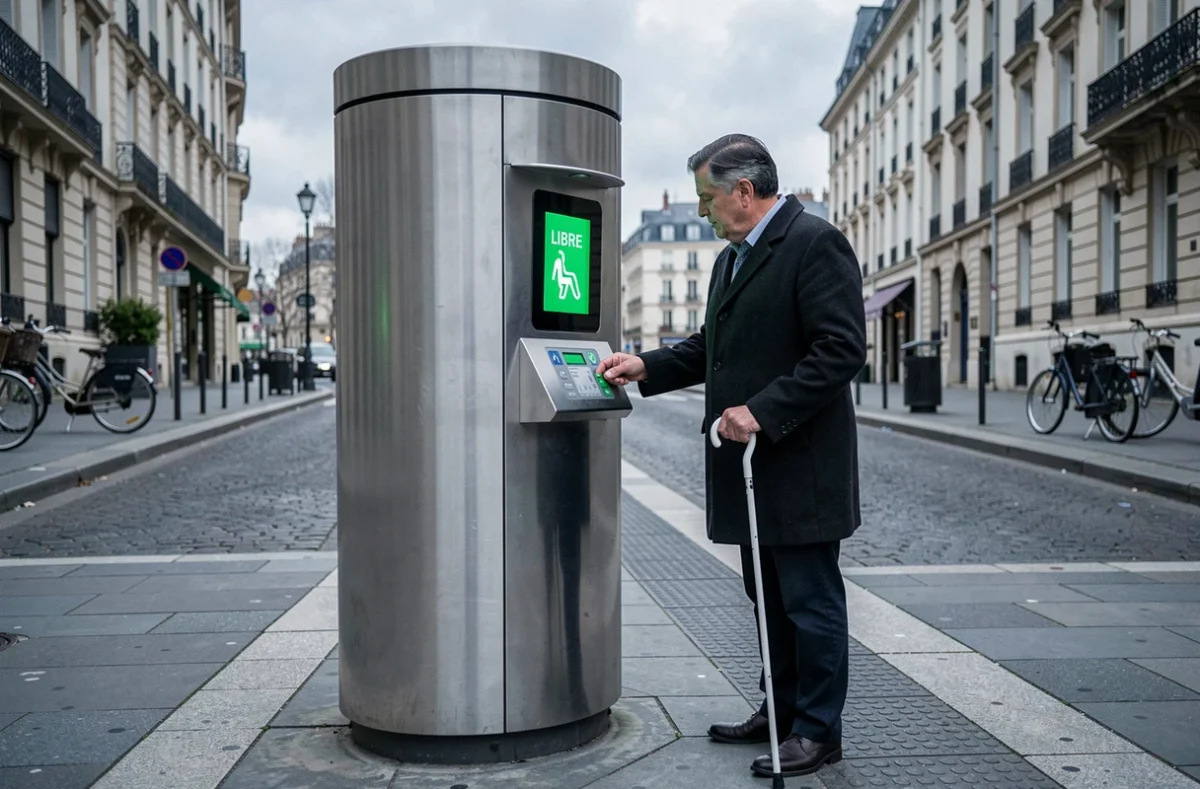 Kiosque de toilettes publiques automatiques en ville avec affichage libre, signalétique PMR et guidage podotactile au sol