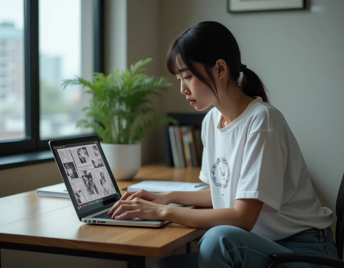 Une jeune femme lit le scan VF de One Punch Man sur son ordinateur portable dans un appartement moderne