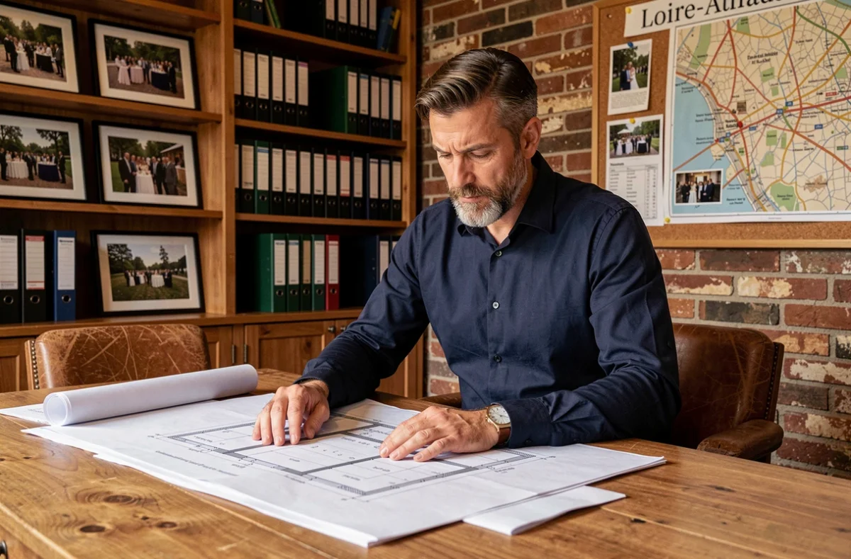 Directeur de LR Événement étudiant des plans de salle dans un bureau professionnel avec cartes et classeurs de projets