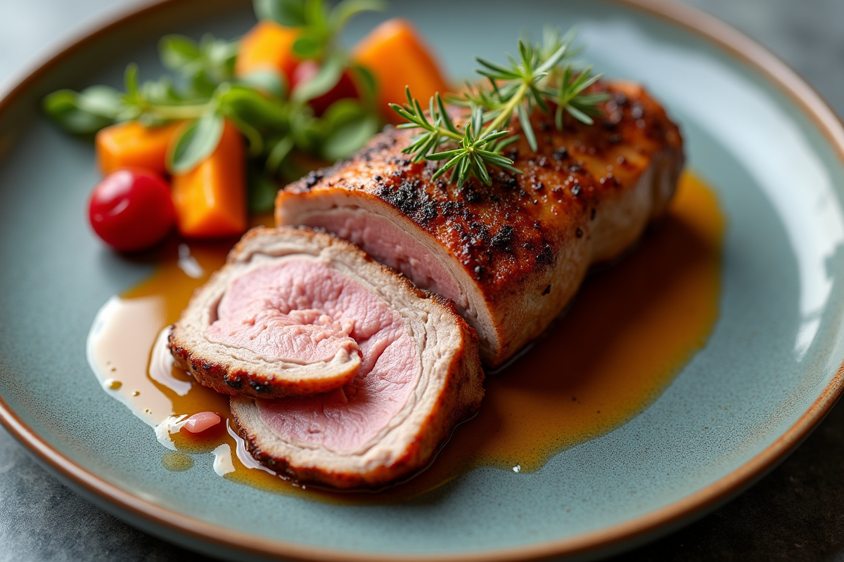 Tranches de magret de canard avec sauce fruitée et légumes