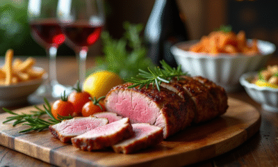 Magret de canard tranché sur une table en bois rustique