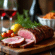 Magret de canard tranché sur une table en bois rustique