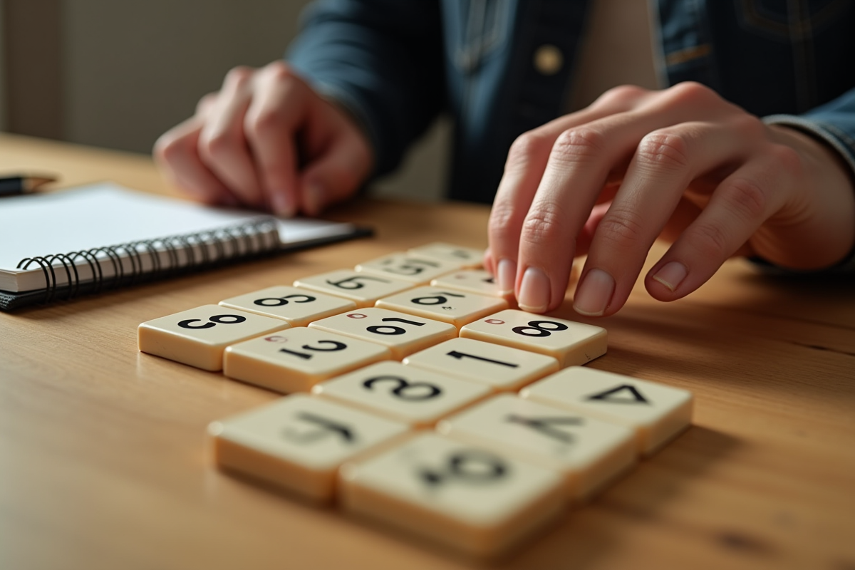 Mains manipulant des tuiles de Rummikub sur une table en bois