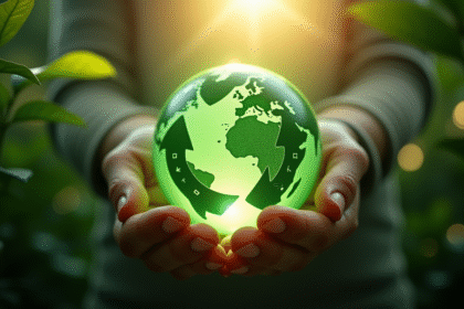 Mains tenant un globe vert lumineux avec flèches de recyclage