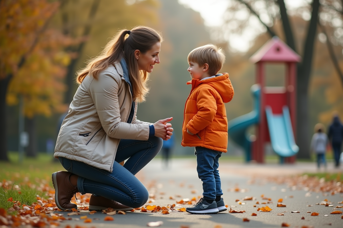 Maman et enfant dans un parc en automne