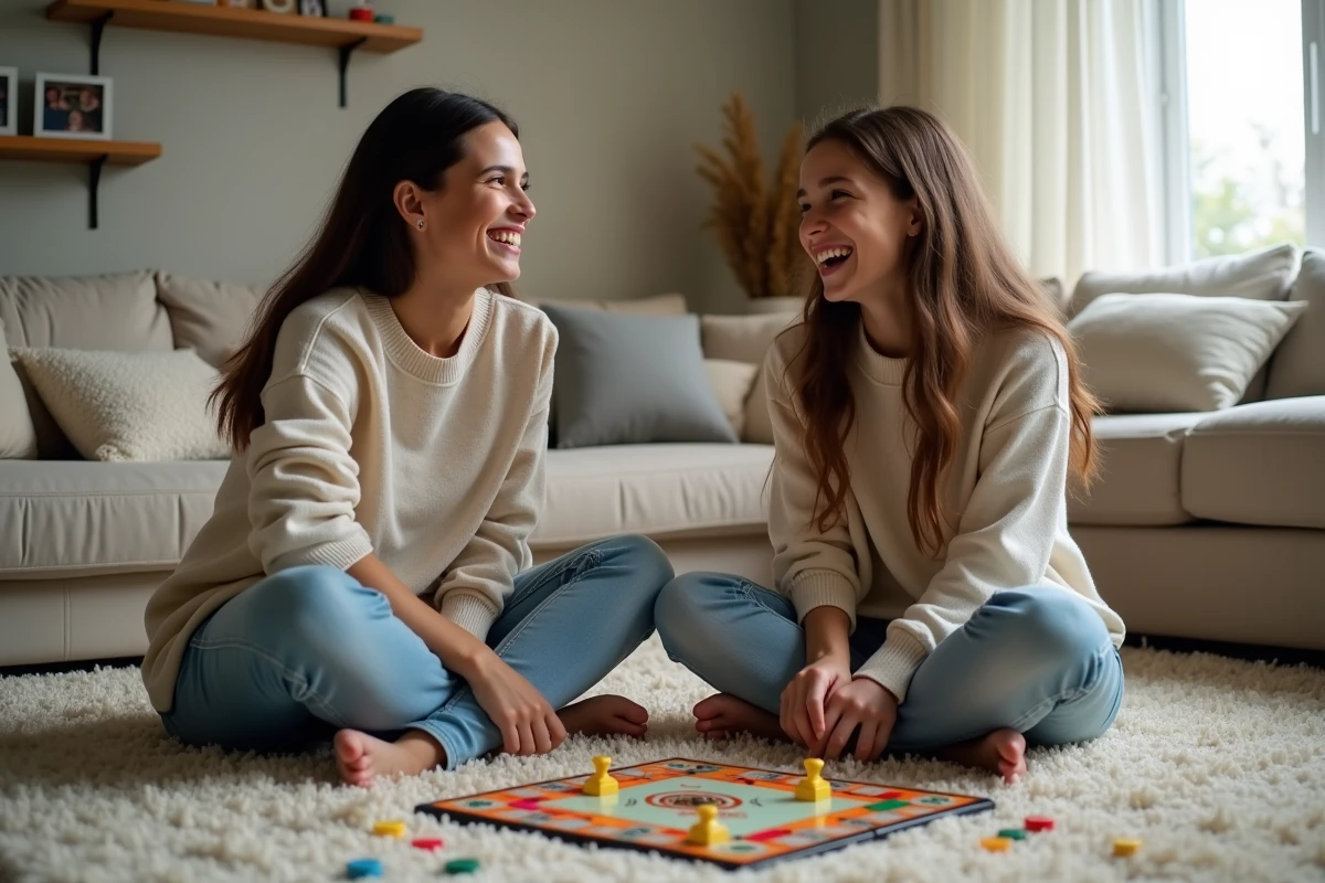Mère et fille rient en jouant à Monopoly Go dans le salon