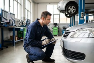 Mécanicien professionnel inspectant une voiture dans un garage automobile propre et organisé