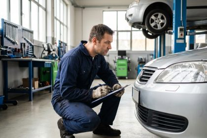 Mécanicien professionnel inspectant une voiture dans un garage automobile propre et organisé