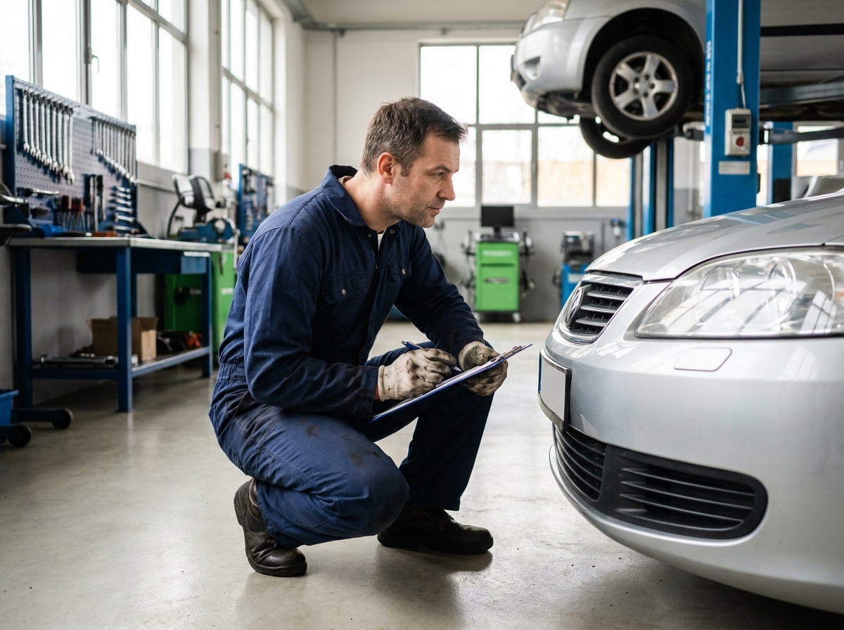 Mécanicien professionnel inspectant une voiture dans un garage automobile propre et organisé