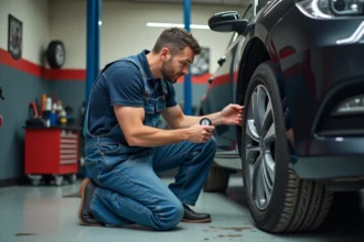 Mécanicien homme vérifiant la pression d'un pneu dans un garage