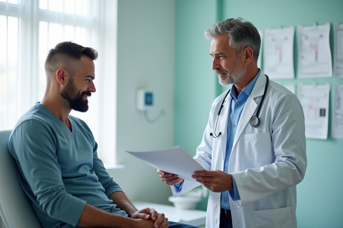 Medecin expliquant un diagnostic à un patient dans une clinique