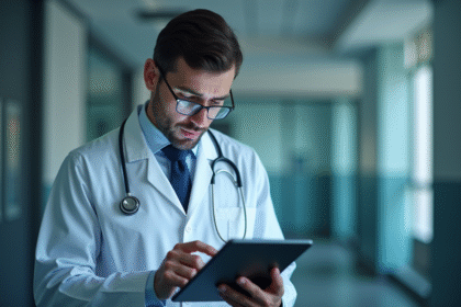 Medecin inquiet regardant une tablette medicale moderne