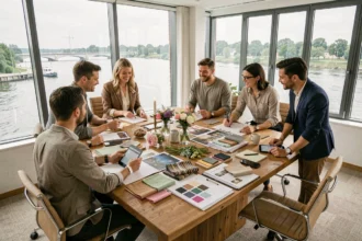 Équipe d'organisateurs d'événements en Loire-Atlantique réunis autour d'une table de réunion avec des échantillons et des planches créatives