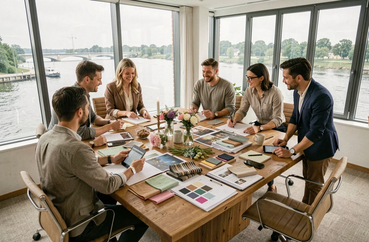 Équipe d'organisateurs d'événements en Loire-Atlantique réunis autour d'une table de réunion avec des échantillons et des planches créatives
