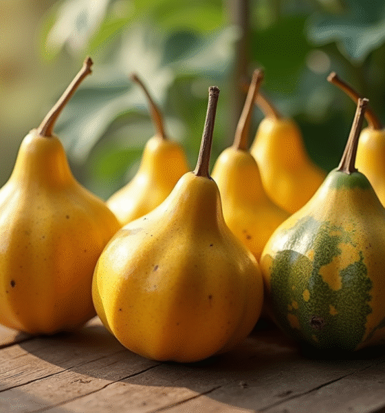 Melons hornes récoltés sur une table en bois rustique