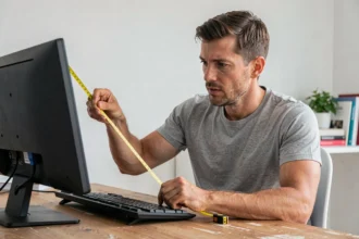 Homme mesurant la diagonale d'un écran 19 pouces avec un mètre ruban sur un bureau en bois