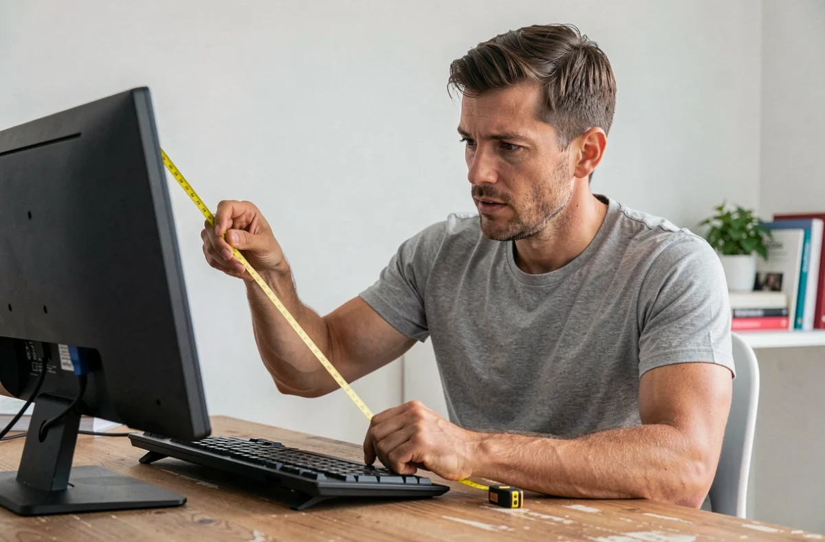 Homme mesurant la diagonale d'un écran 19 pouces avec un mètre ruban sur un bureau en bois