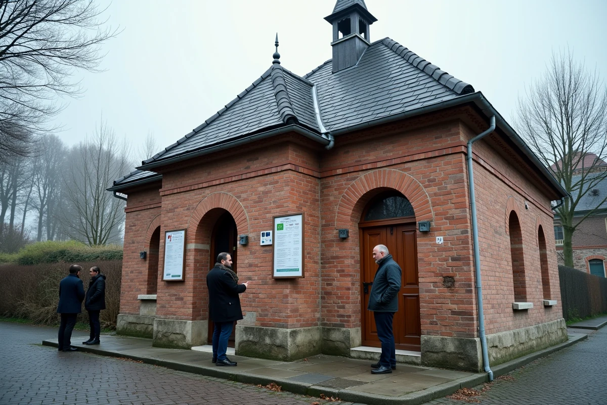 Façade d'une mosquée de Compiègne avec tableau des horaires de prière annuels 2026 affiché à l'entrée