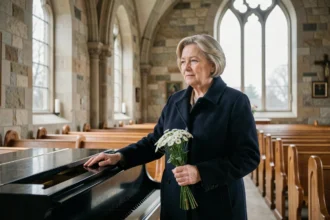 Femme en manteau sombre tenant des fleurs blanches près d'un piano dans une chapelle, symbolisant le choix d'une musique personnelle pour des funérailles