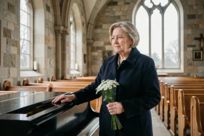 Femme en manteau sombre tenant des fleurs blanches près d'un piano dans une chapelle, symbolisant le choix d'une musique personnelle pour des funérailles