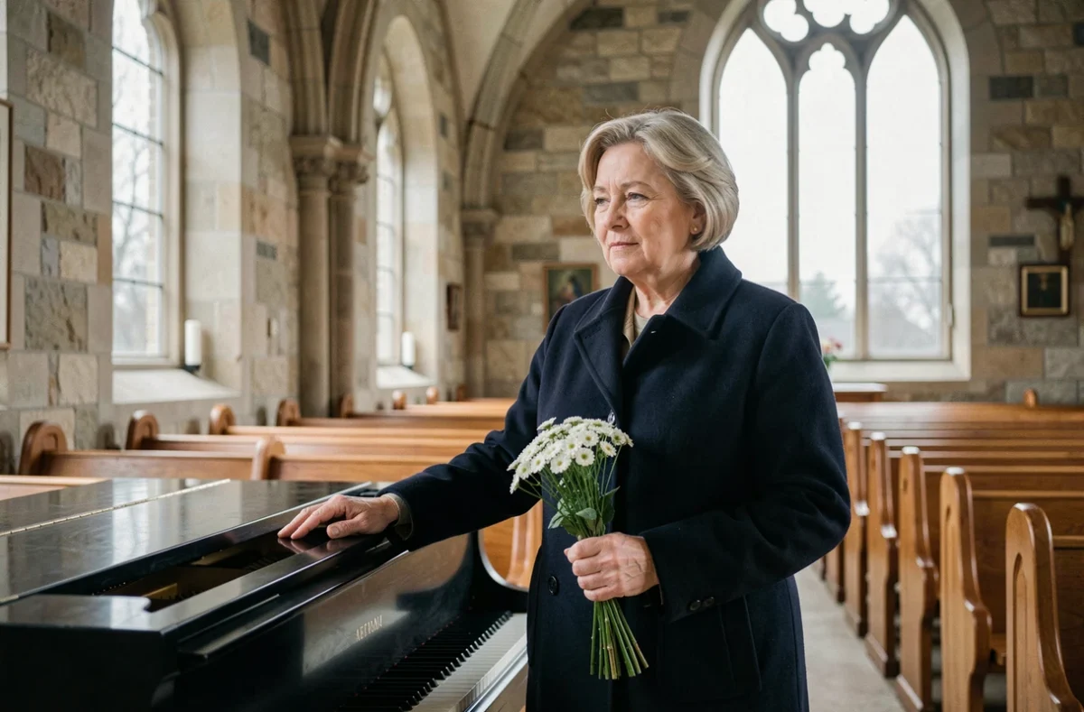 Femme en manteau sombre tenant des fleurs blanches près d'un piano dans une chapelle, symbolisant le choix d'une musique personnelle pour des funérailles
