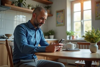 Homme musulman en cuisine vérifiant ses prières sur smartphone