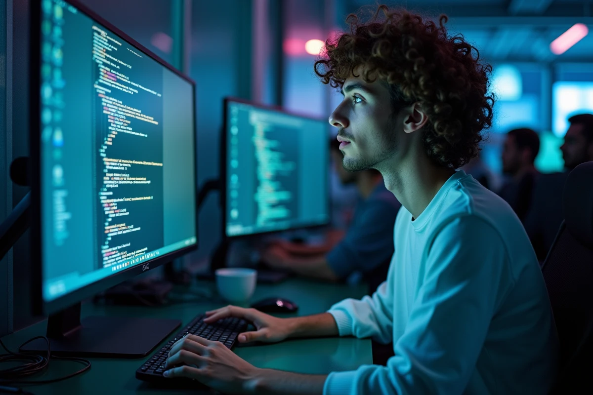 Jeune adulte travaillant sur un double écran dans un espace de coworking, navigation anonyme et protection de la vie privée en ligne