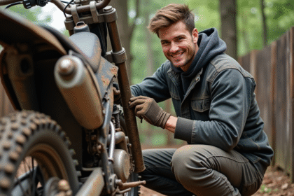 Jeune homme nettoyant la chaîne d'une moto tout-terrain sale