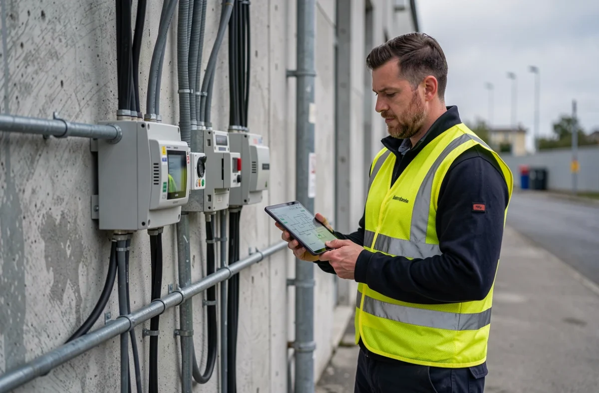 Technicien de Networks Energies inspectant des câblages sur un bâtiment industriel en zone corrézienne