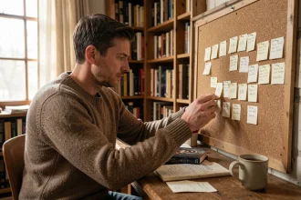 Un homme organisant des fiches numérotées sur un tableau en liège pour établir l'ordre chronologique du Hobbit dans une bibliothèque chaleureuse