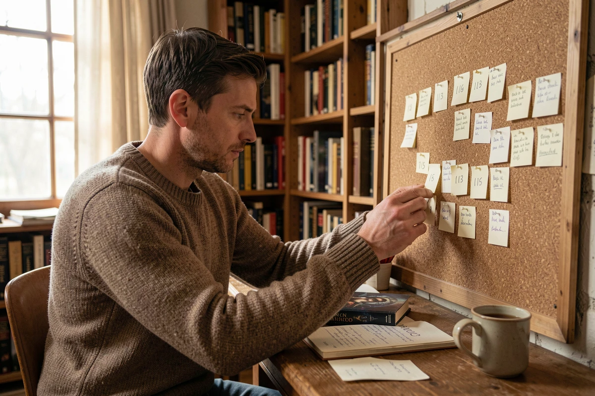 Un homme organisant des fiches numérotées sur un tableau en liège pour établir l'ordre chronologique du Hobbit dans une bibliothèque chaleureuse